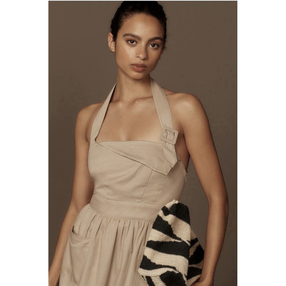 Anthropologie Porridge Halter Preppy Utility Midi Dress Sz Md Taupe - Picture 3 of 7